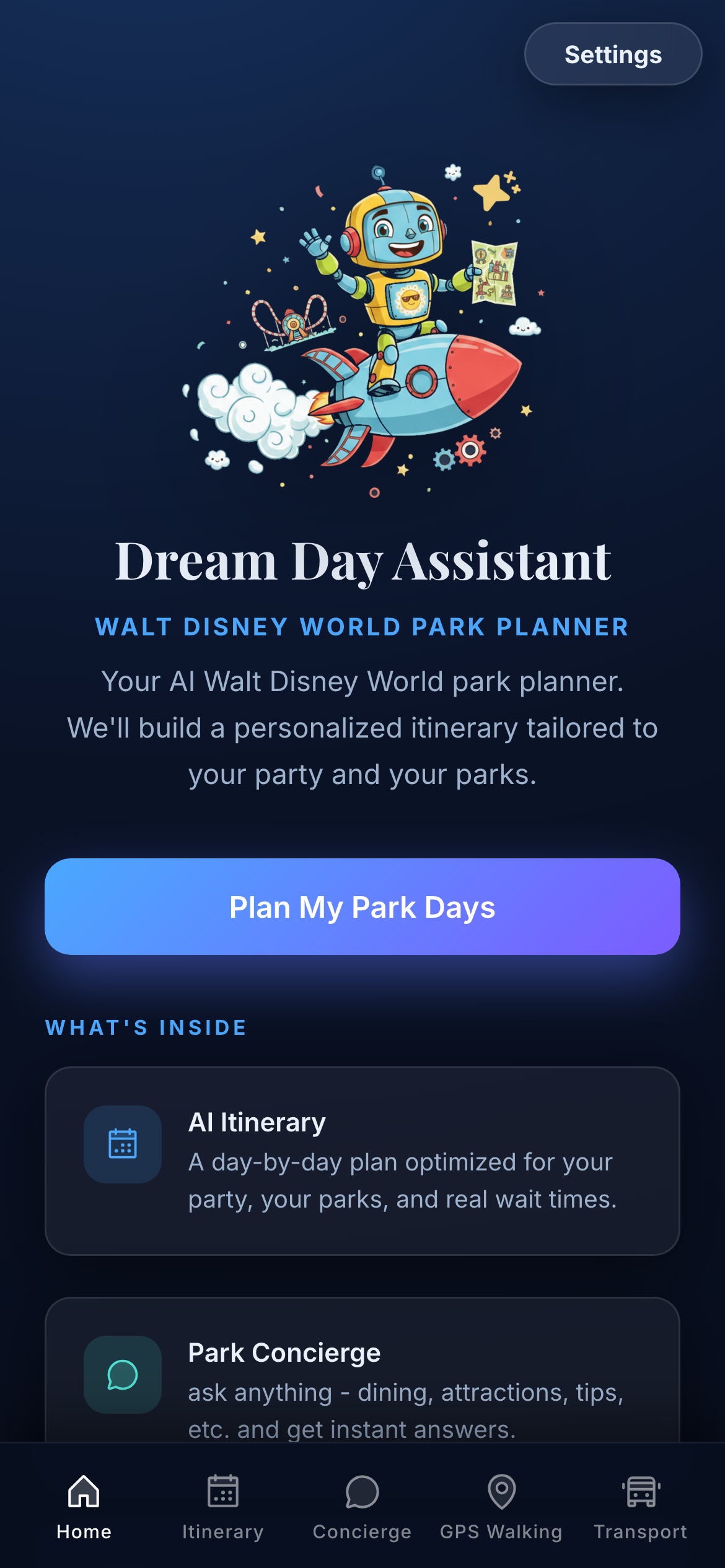 Dream Day Assistant home screen with GPS Walking tab