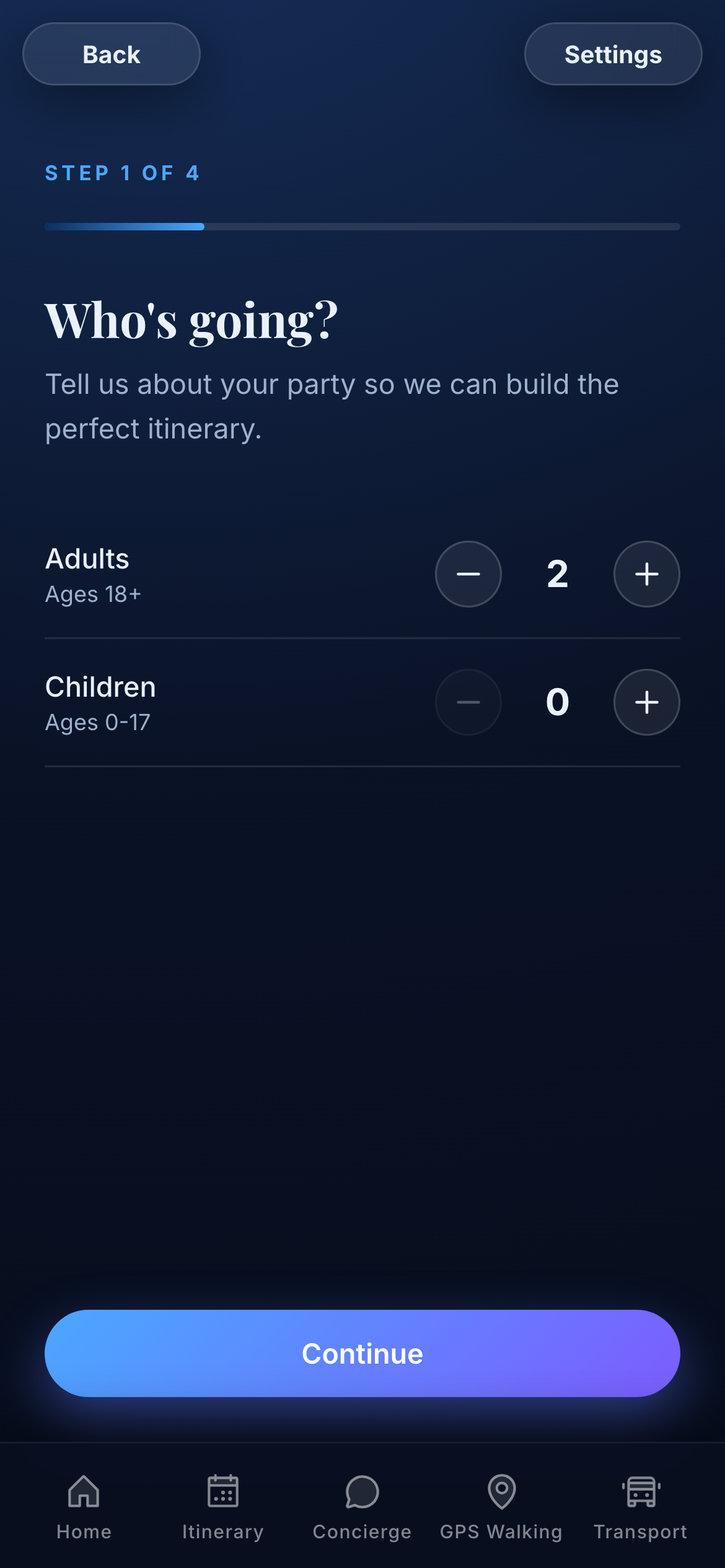Tell us about your party, GPS Walking tab